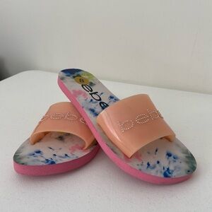 NEW‎ Bebe women’s pink Leanna rhinestone embellished vamp slides shoes size 8